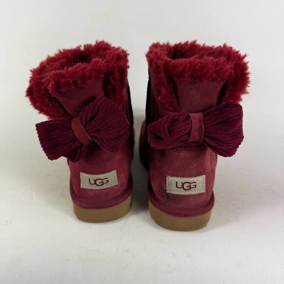 UGG Mini Bailey Bow Glimmer Velvet Ribbon Boot Women's 7 Red Woven winter Shoes - Picture 7 of 10